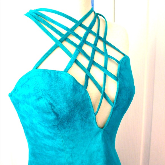 Vintage 1980s TEAL GREEN Suede Halter Mini Dress - Picture 3 of 13